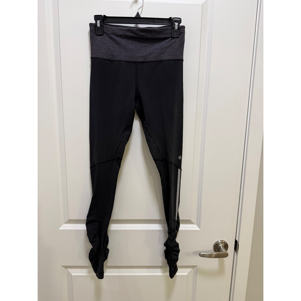 Lululemon Black Heathered Grey Running Leggings Reflective Ruched Ankle Size 4-6